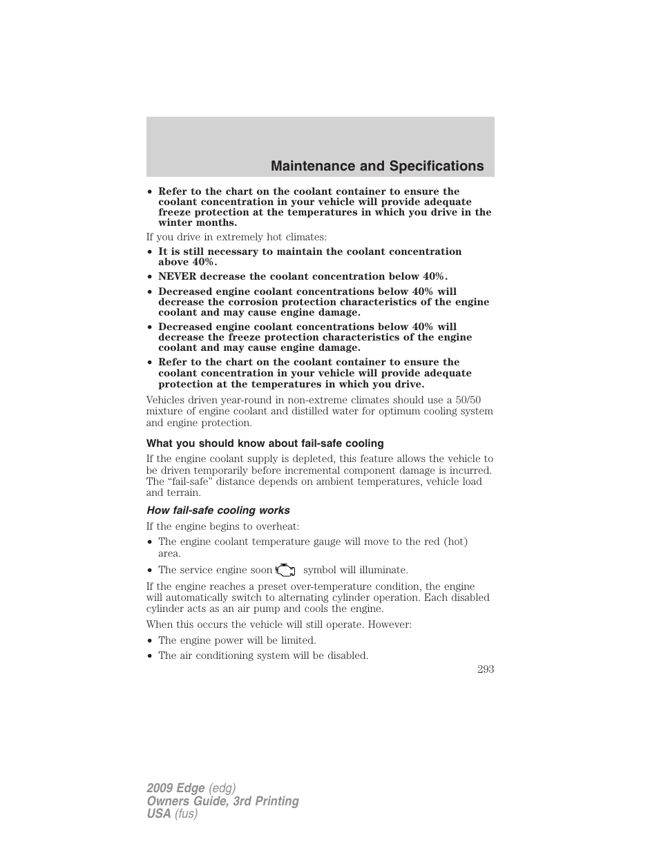 What you should know about fail-safe cooling, How fail-safe cooling works, Maintenance and specifications | FORD 2009 Edge v.3 User Manual | Page 293 / 324