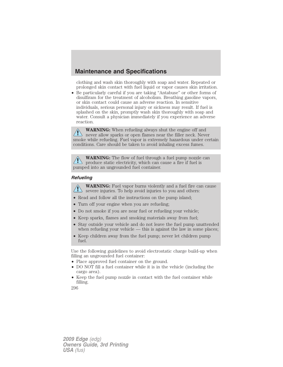 Refueling, Maintenance and specifications | FORD 2009 Edge v.3 User Manual | Page 296 / 324