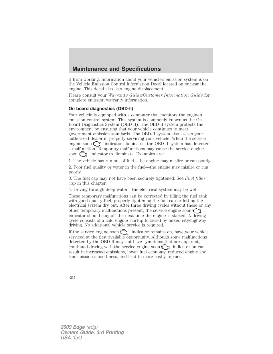 On board diagnostics (obd-ii), Maintenance and specifications | FORD 2009 Edge v.3 User Manual | Page 304 / 324
