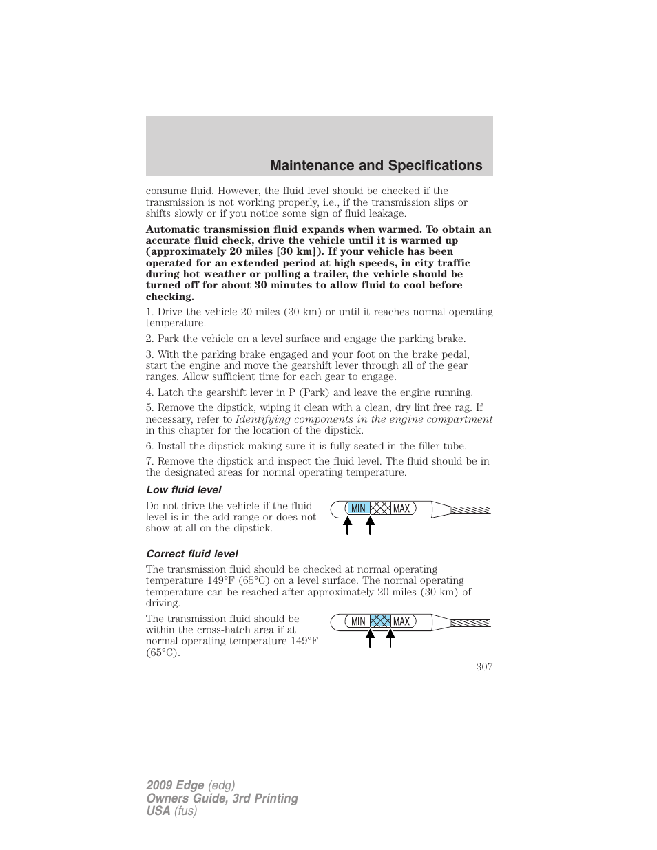 Low fluid level, Correct fluid level, Maintenance and specifications | FORD 2009 Edge v.3 User Manual | Page 307 / 324