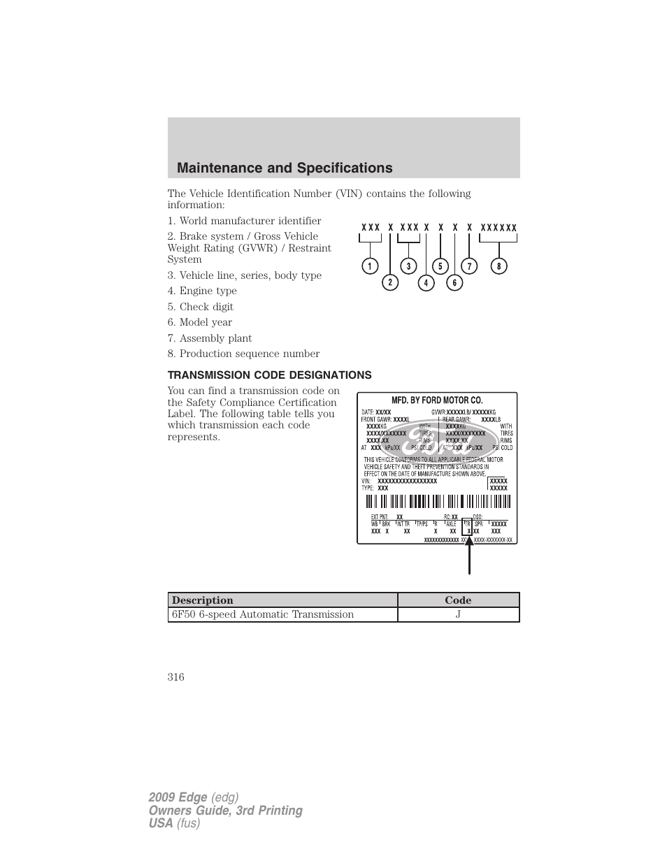 Transmission code designations, Maintenance and specifications | FORD 2009 Edge v.3 User Manual | Page 316 / 324