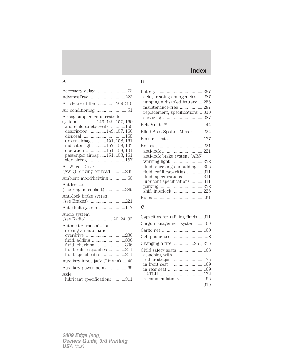 Index | FORD 2009 Edge v.3 User Manual | Page 319 / 324