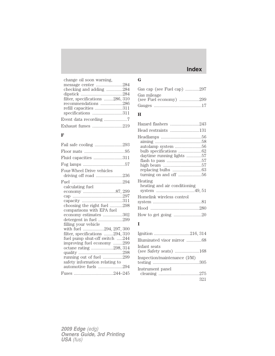 Index | FORD 2009 Edge v.3 User Manual | Page 321 / 324