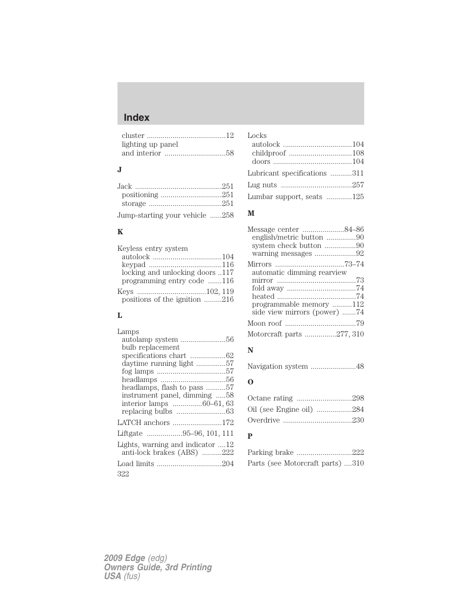 Index | FORD 2009 Edge v.3 User Manual | Page 322 / 324