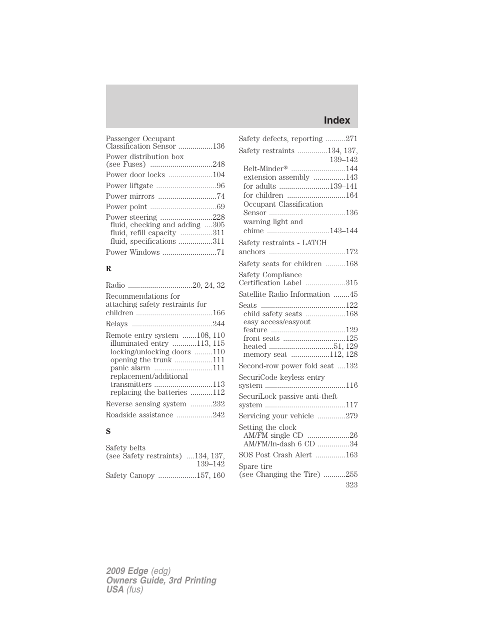 Index | FORD 2009 Edge v.3 User Manual | Page 323 / 324