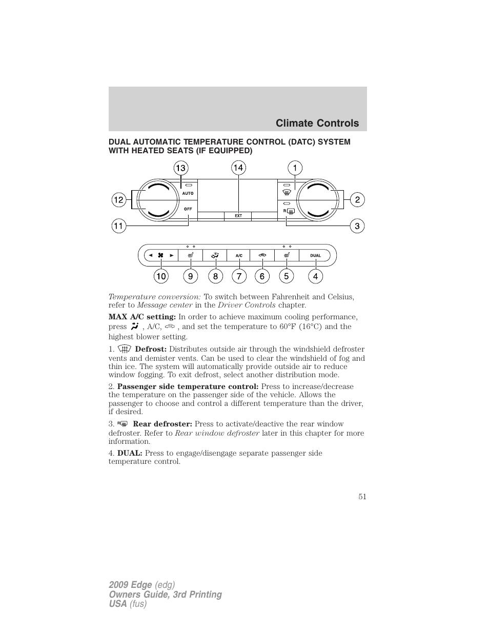 Automatic temperature control, Climate controls | FORD 2009 Edge v.3 User Manual | Page 51 / 324