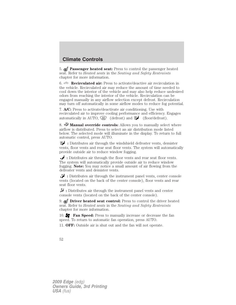 Climate controls | FORD 2009 Edge v.3 User Manual | Page 52 / 324