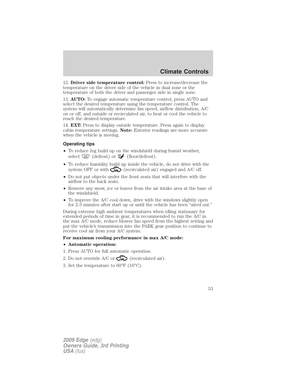 Operating tips, Climate controls | FORD 2009 Edge v.3 User Manual | Page 53 / 324