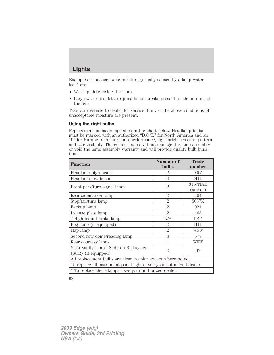 Using the right bulbs, Lights | FORD 2009 Edge v.3 User Manual | Page 62 / 324