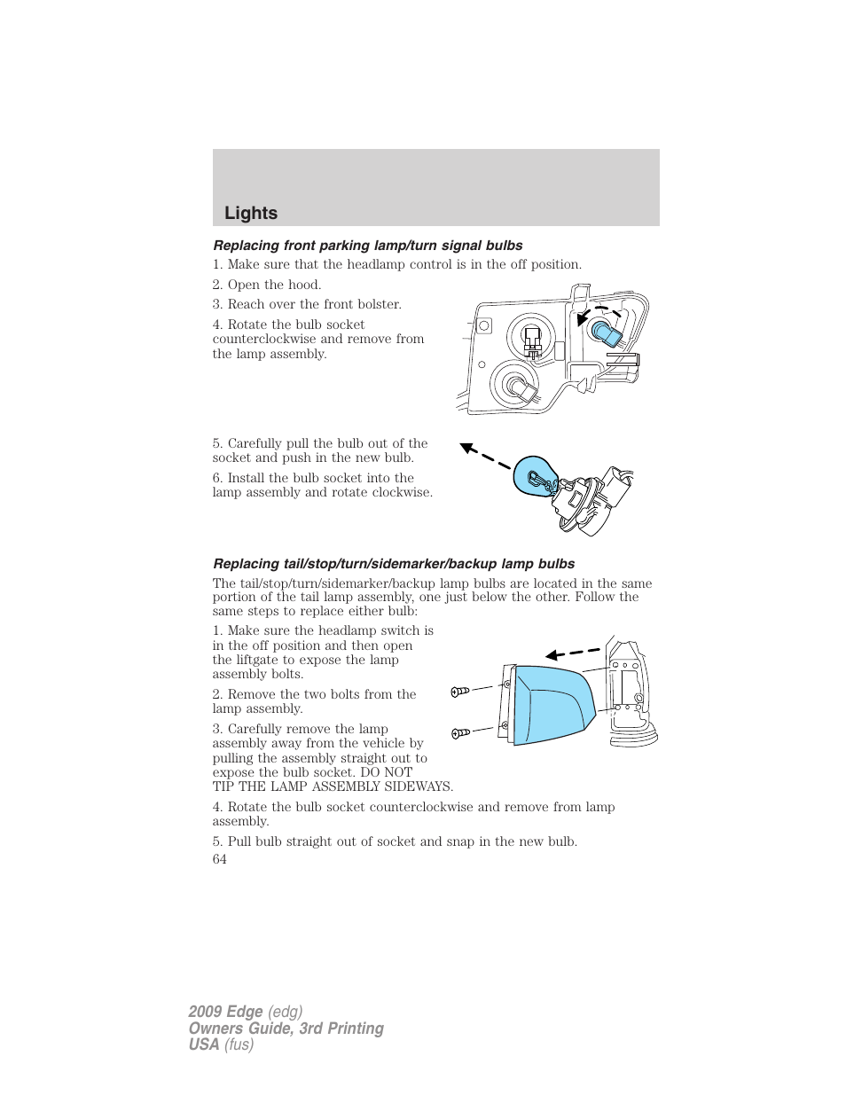 Replacing front parking lamp/turn signal bulbs, Lights | FORD 2009 Edge v.3 User Manual | Page 64 / 324
