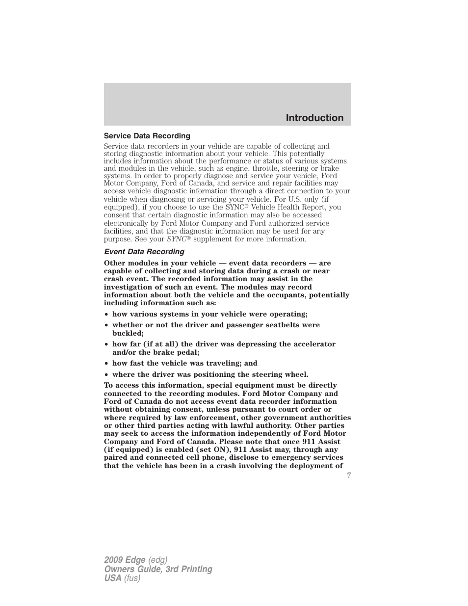 Service data recording, Event data recording, Introduction | FORD 2009 Edge v.3 User Manual | Page 7 / 324