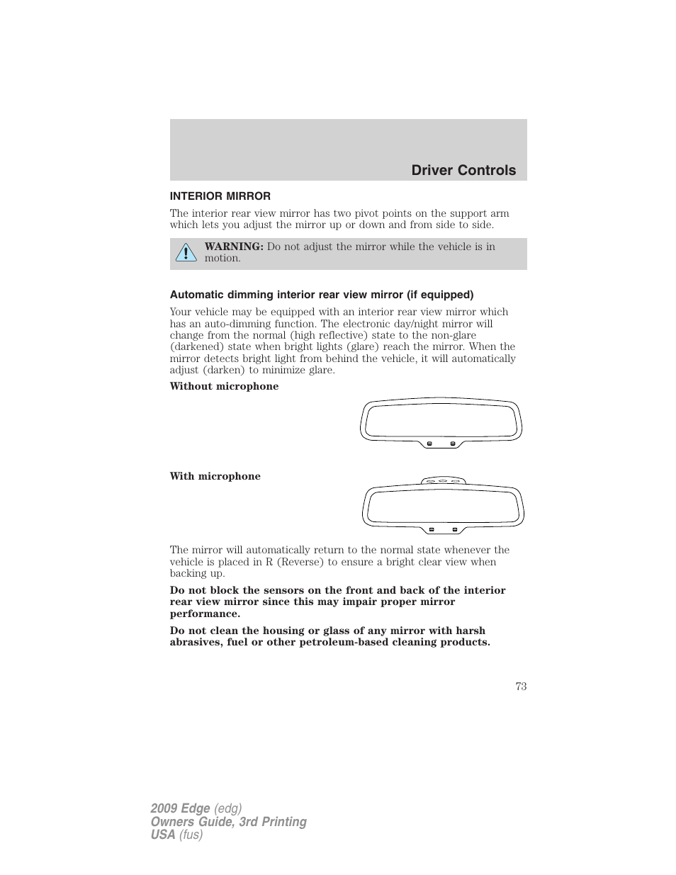 Interior mirror, Mirrors, Driver controls | FORD 2009 Edge v.3 User Manual | Page 73 / 324