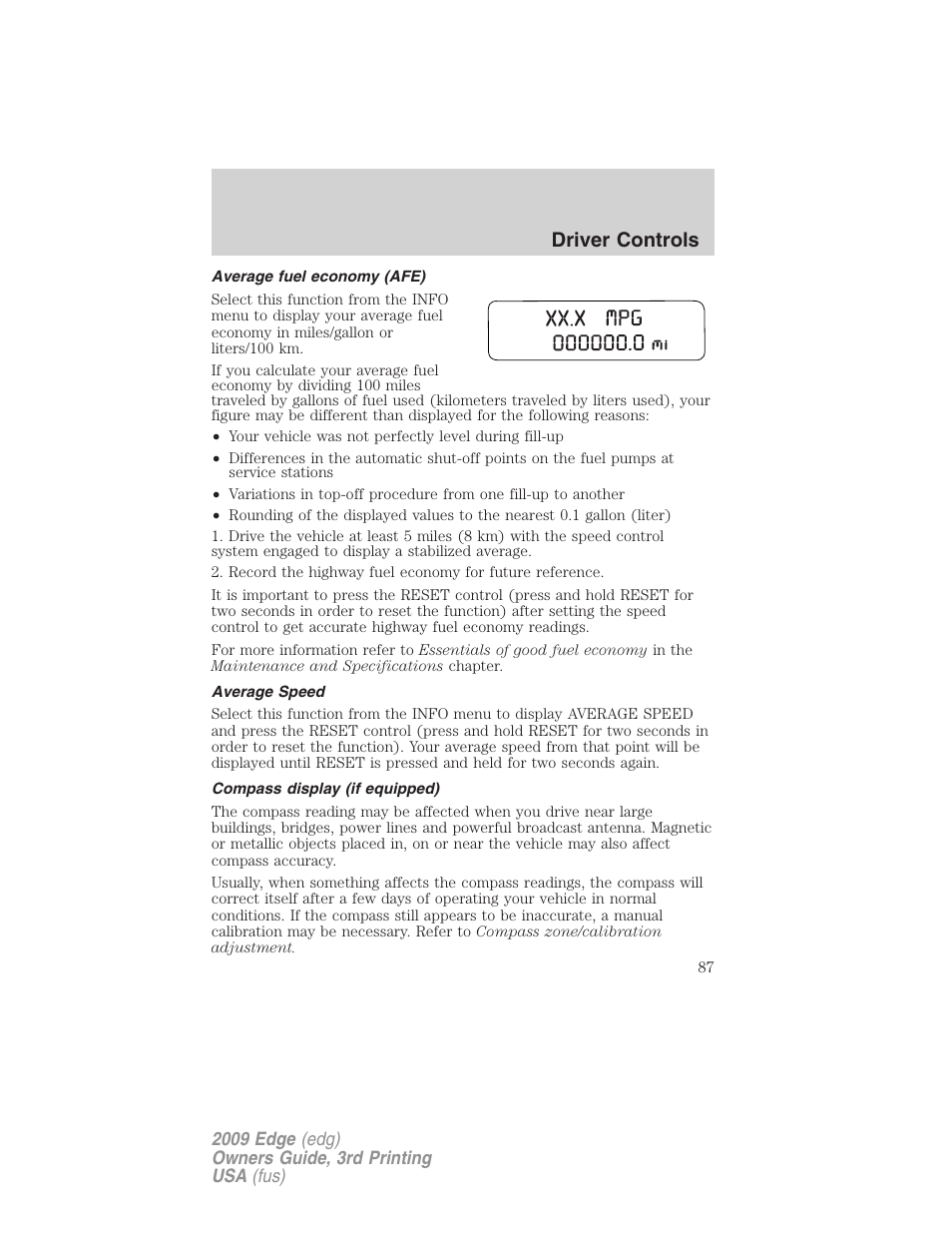 Average fuel economy (afe), Average speed, Compass display (if equipped) | Driver controls | FORD 2009 Edge v.3 User Manual | Page 87 / 324
