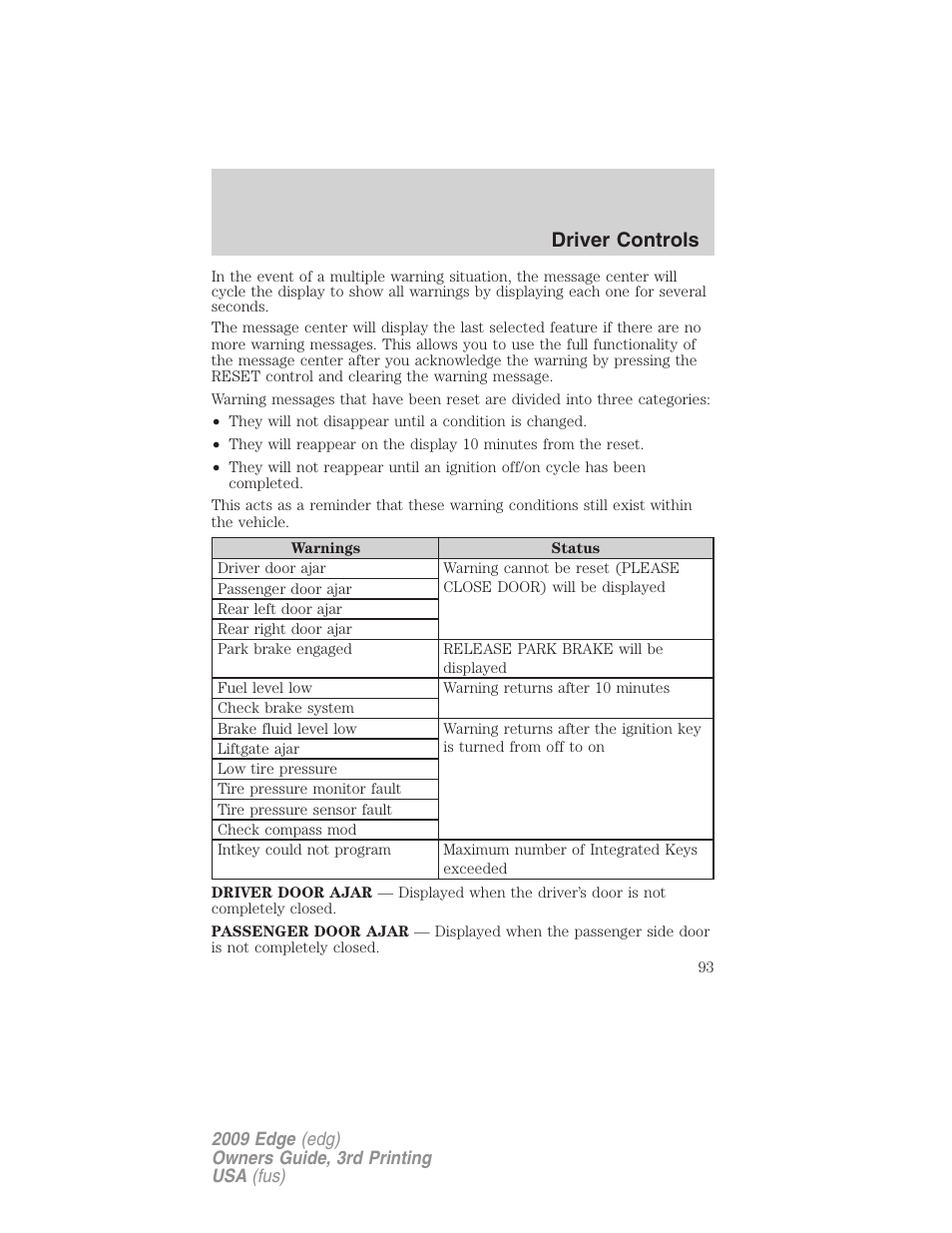 Driver controls | FORD 2009 Edge v.3 User Manual | Page 93 / 324