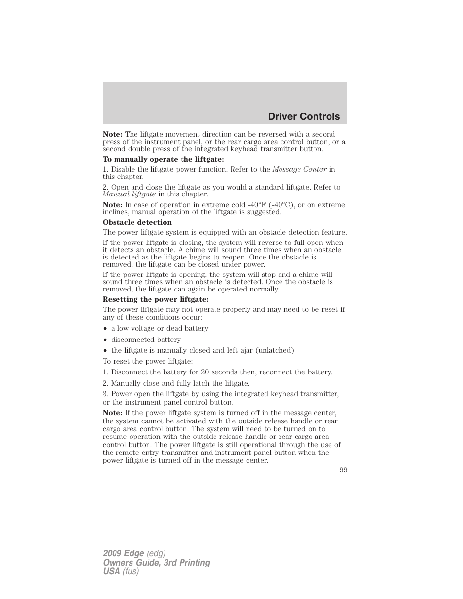 Driver controls | FORD 2009 Edge v.3 User Manual | Page 99 / 324