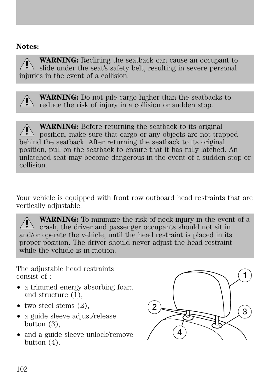 Seating and safety restraints, Front seats, Adjustable head restraints | FORD 2009 Escape v.1 User Manual | Page 102 / 318