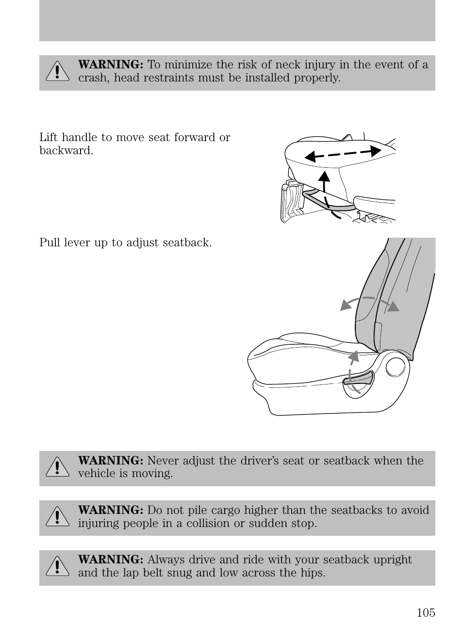 Adjusting the front manual seat (if equipped), Adjusting the front power seat (if equipped), Seating and safety restraints | FORD 2009 Escape v.1 User Manual | Page 105 / 318