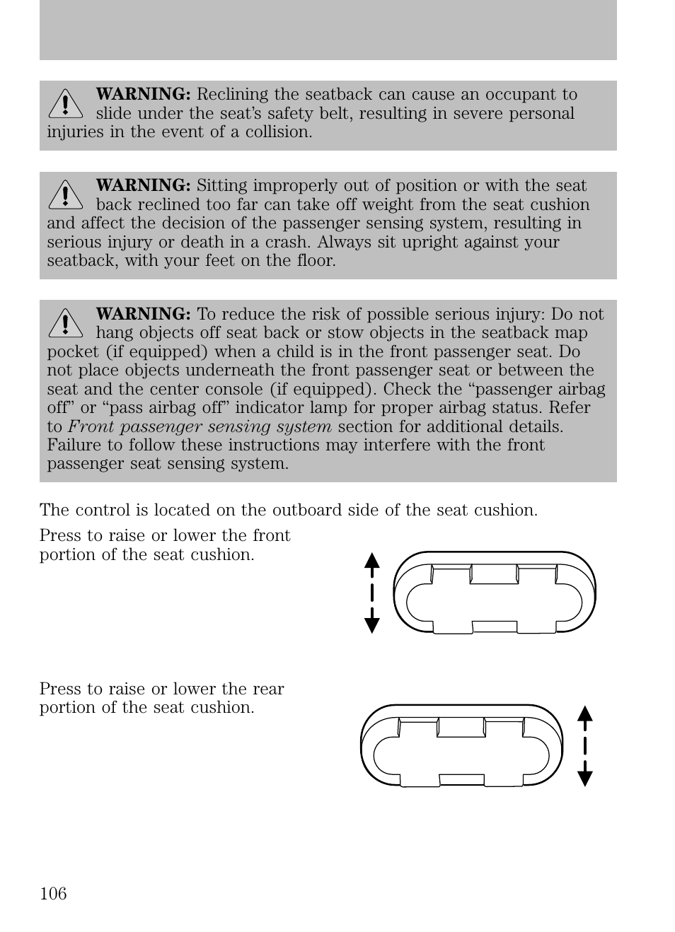 Seating and safety restraints | FORD 2009 Escape v.1 User Manual | Page 106 / 318