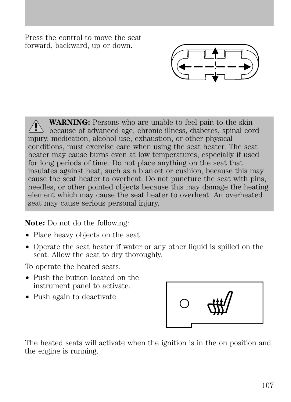 Heated seats (if equipped), Seating and safety restraints | FORD 2009 Escape v.1 User Manual | Page 107 / 318