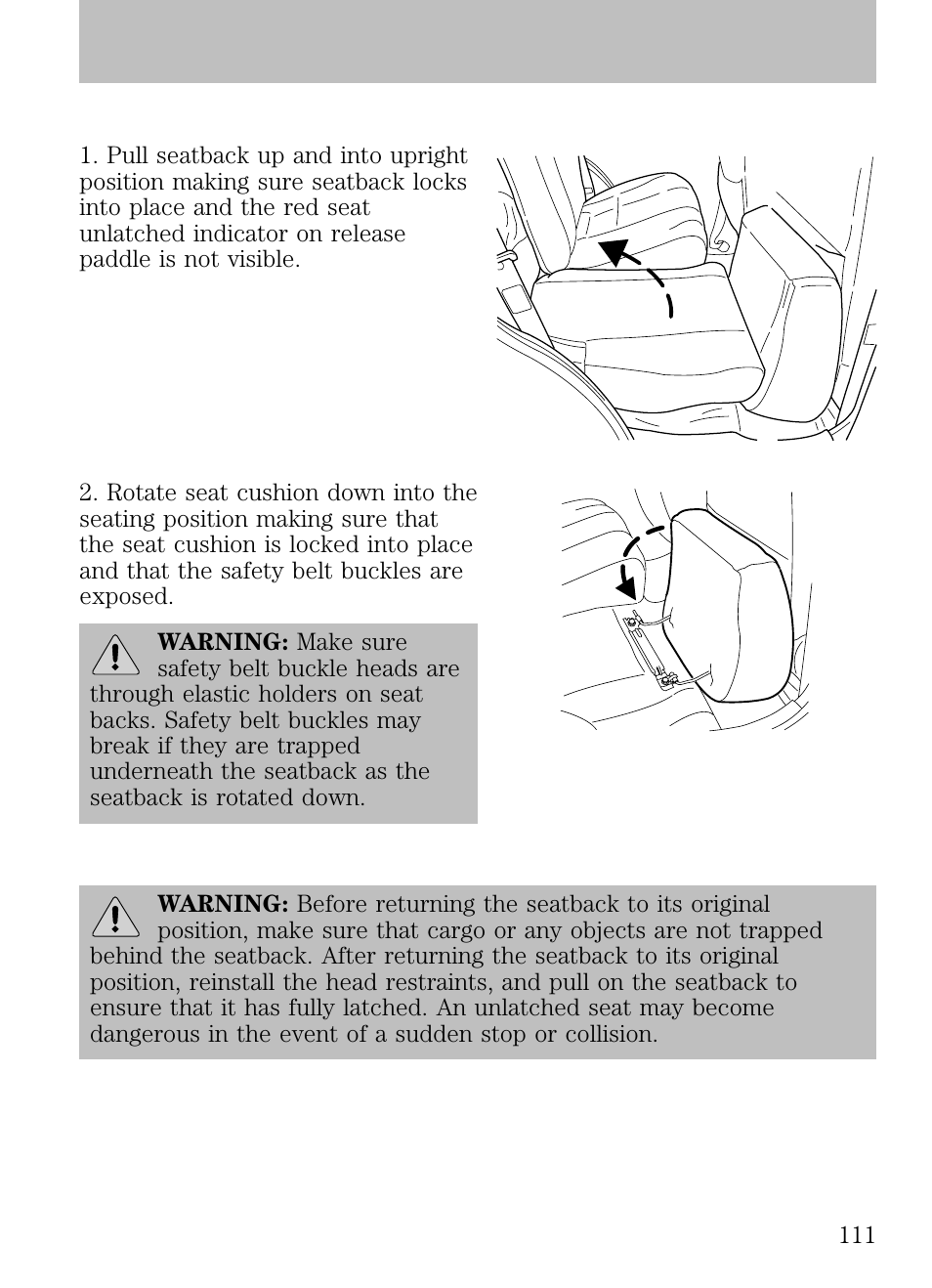 Returning the rear seats to upright position, Seating and safety restraints | FORD 2009 Escape v.1 User Manual | Page 111 / 318