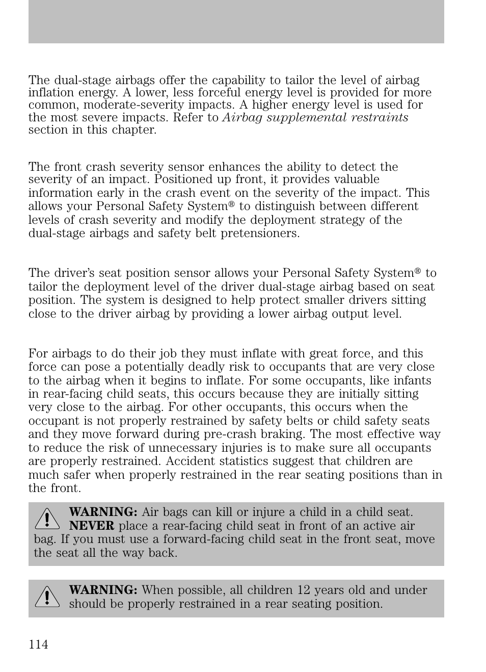 Front crash severity sensor, Driver’s seat position sensor, Front passenger sensing system | Seating and safety restraints | FORD 2009 Escape v.1 User Manual | Page 114 / 318