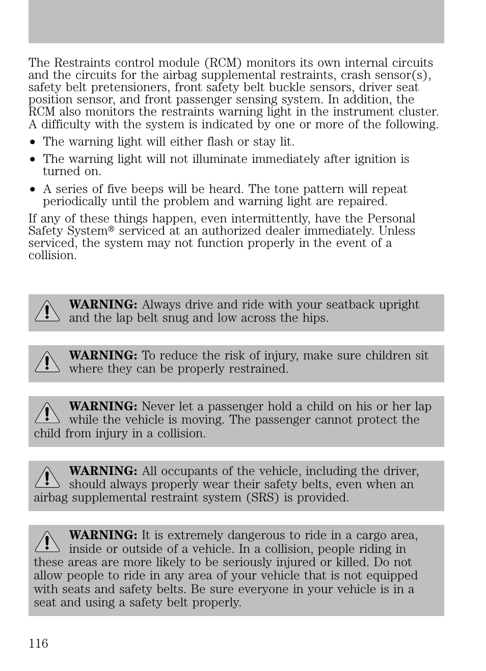 Safety restraints precautions, Seating and safety restraints | FORD 2009 Escape v.1 User Manual | Page 116 / 318