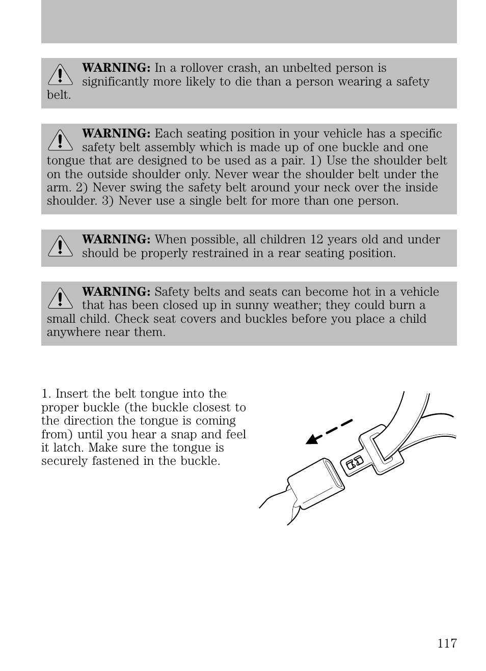 Combination lap and shoulder belts, Seating and safety restraints | FORD 2009 Escape v.1 User Manual | Page 117 / 318