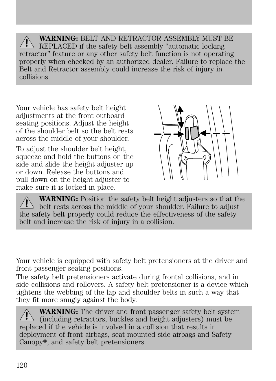 Safety belt height adjustment, Safety belt pretensioner, Seating and safety restraints | FORD 2009 Escape v.1 User Manual | Page 120 / 318