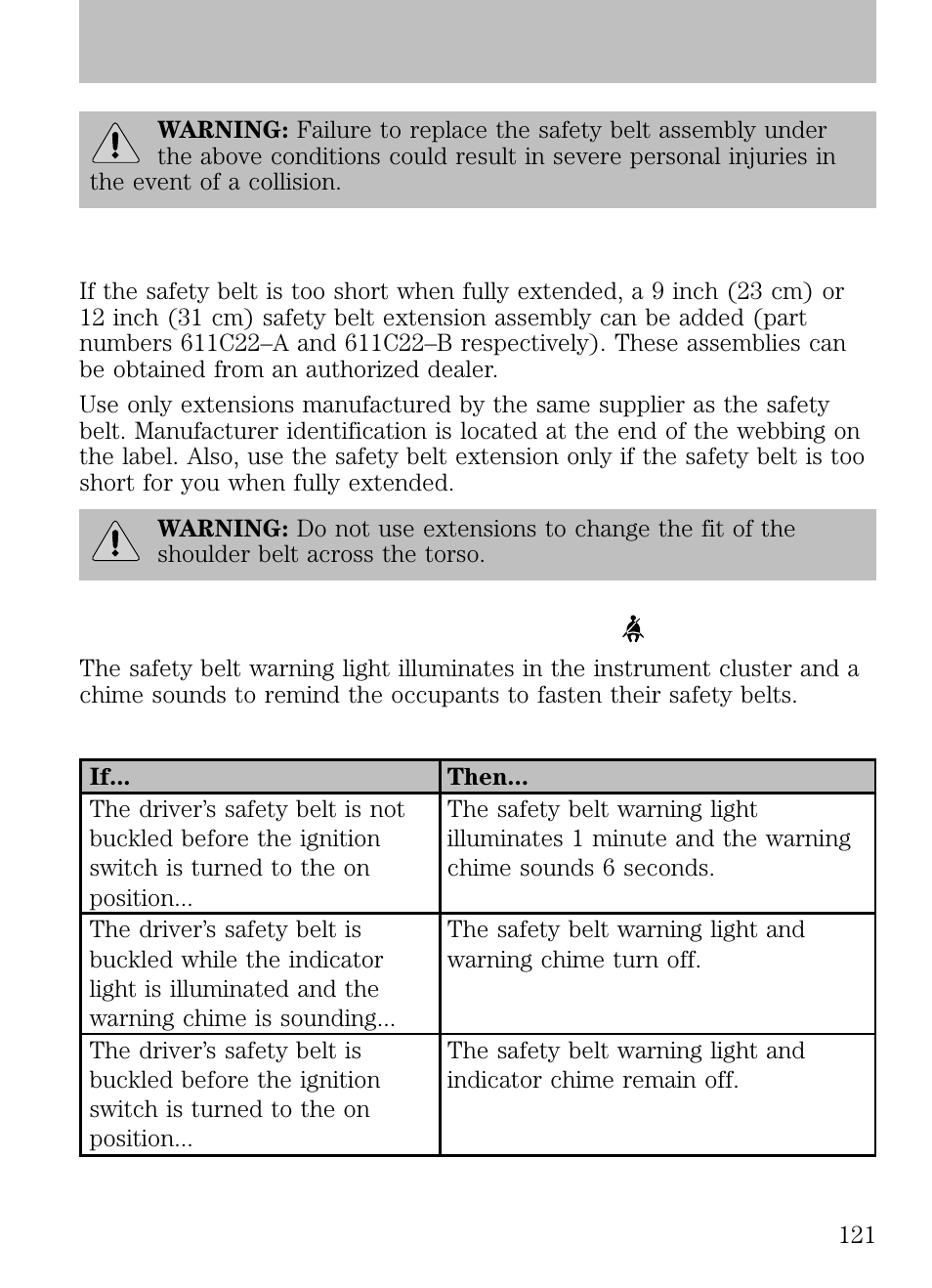 Safety belt extension assembly, Safety belt warning light and indicator chime, Conditions of operation | Seating and safety restraints | FORD 2009 Escape v.1 User Manual | Page 121 / 318