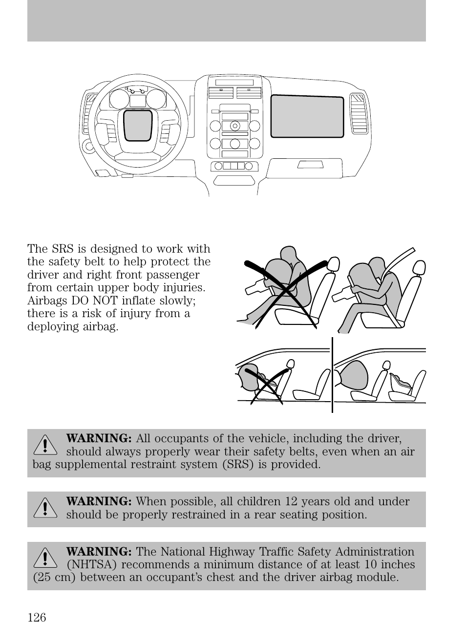 Airbag supplemental restraint system (srs), Important srs precautions, Seating and safety restraints | FORD 2009 Escape v.1 User Manual | Page 126 / 318