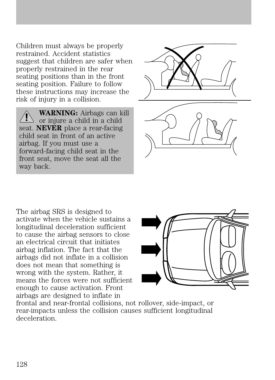 Children and airbags, Seating and safety restraints | FORD 2009 Escape v.1 User Manual | Page 128 / 318