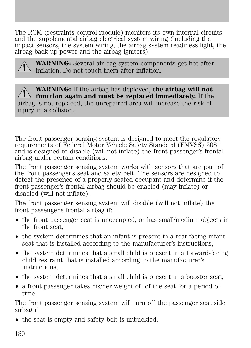 Front passenger sensing system, Seating and safety restraints | FORD 2009 Escape v.1 User Manual | Page 130 / 318