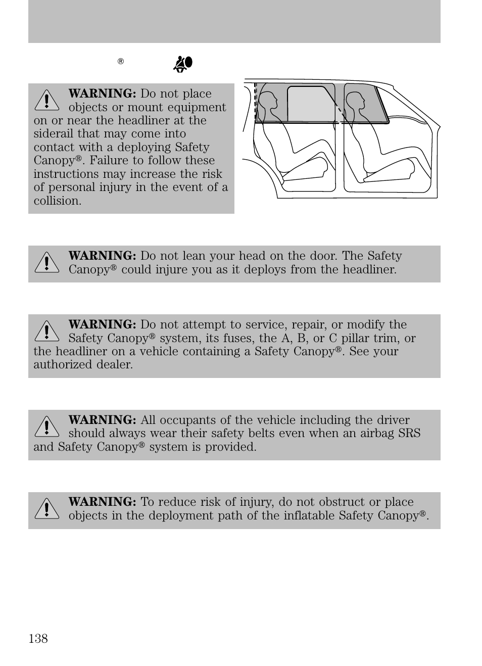 Safety canopy system, Seating and safety restraints | FORD 2009 Escape v.1 User Manual | Page 138 / 318