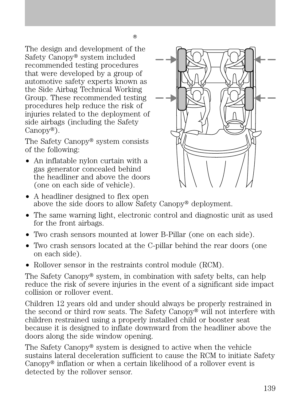 How does the safety canopy system work, Seating and safety restraints | FORD 2009 Escape v.1 User Manual | Page 139 / 318