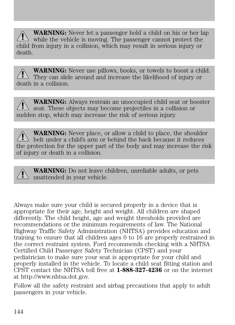 Transporting children, Seating and safety restraints | FORD 2009 Escape v.1 User Manual | Page 144 / 318