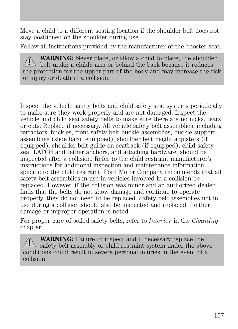 Child restraint and safety belt maintenance, Seating and safety restraints | FORD 2009 Escape v.1 User Manual | Page 157 / 318