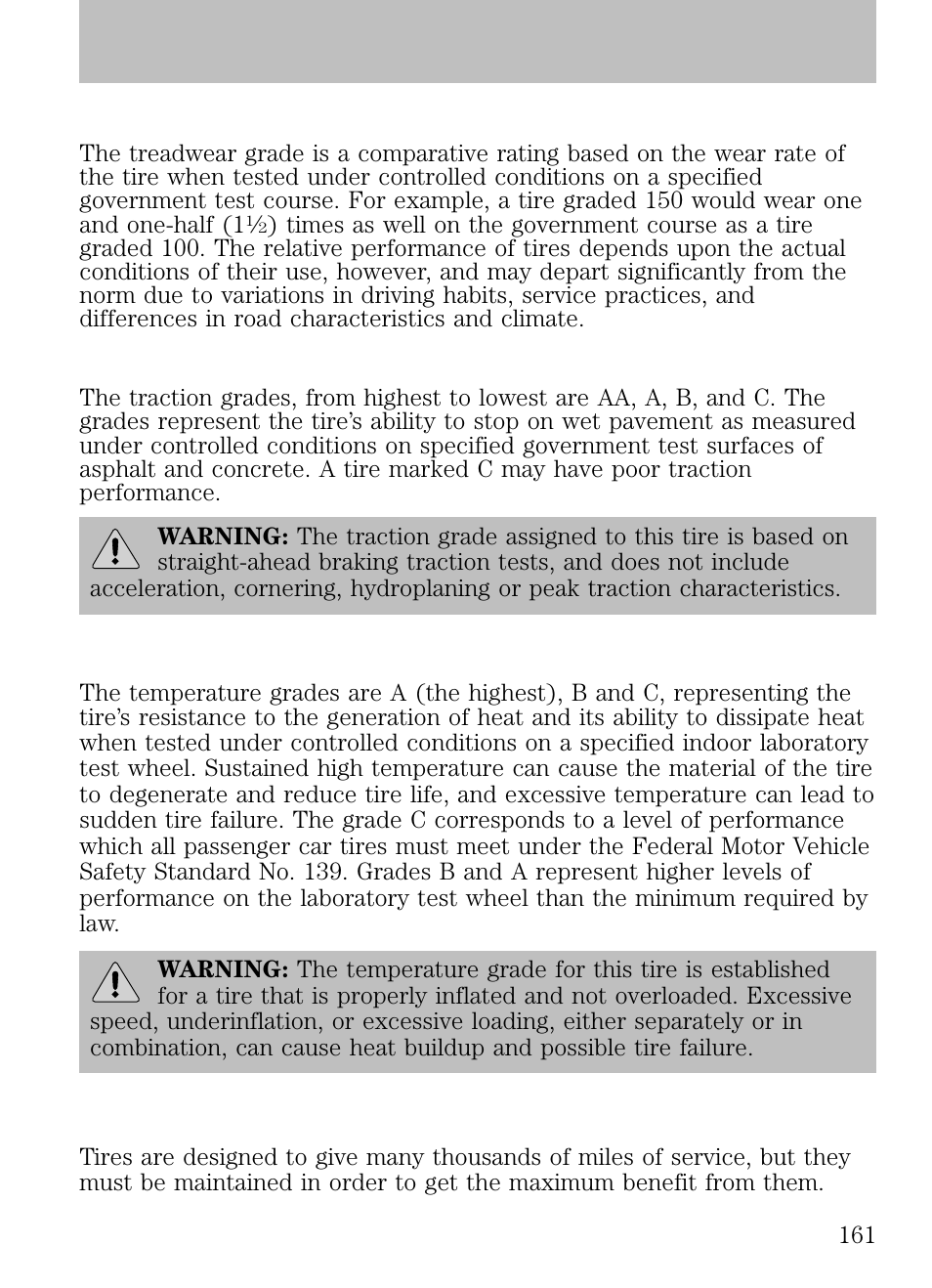 Treadwear, Traction aa a b c, Temperature a b c | Tires, Tires, wheels and loading | FORD 2009 Escape v.1 User Manual | Page 161 / 318