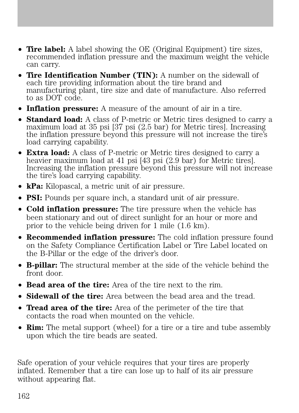 Glossary of tire terminology, Inflating your tires, Tires, wheels and loading | FORD 2009 Escape v.1 User Manual | Page 162 / 318