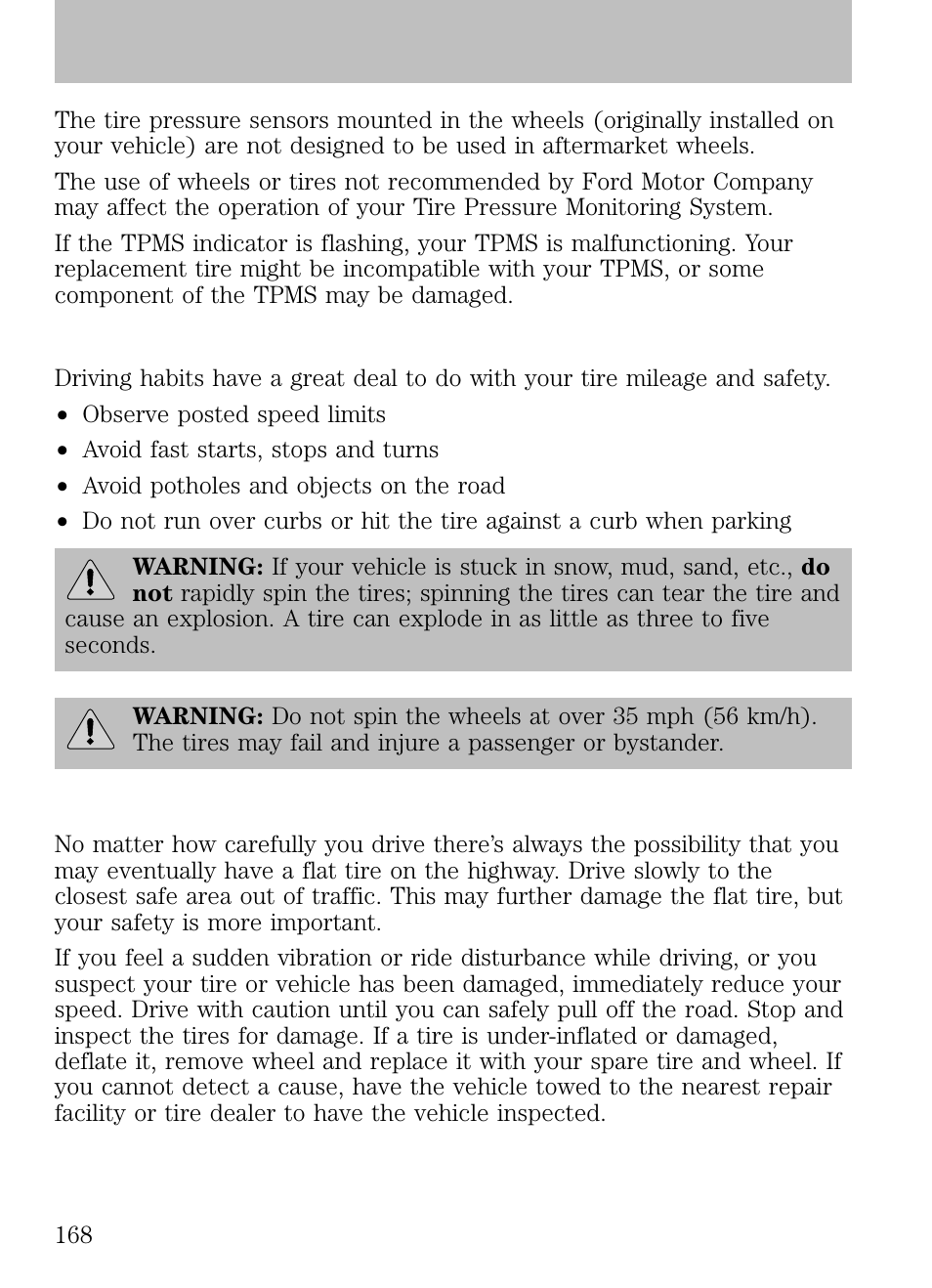 Safety practices, Highway hazards, Tires, wheels and loading | FORD 2009 Escape v.1 User Manual | Page 168 / 318