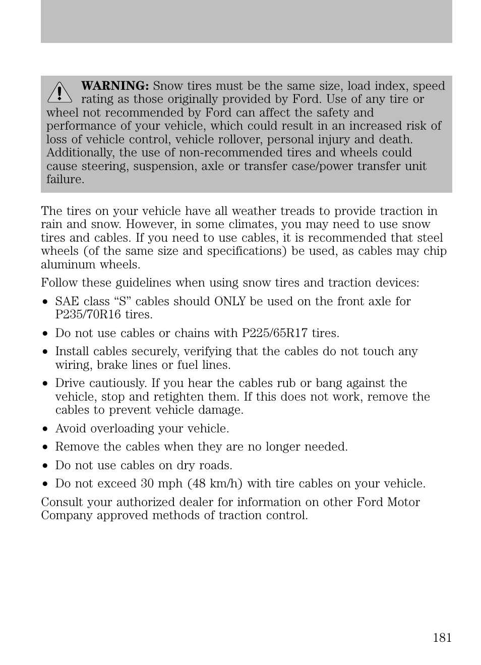 Snow tires and cables, Tires, wheels and loading | FORD 2009 Escape v.1 User Manual | Page 181 / 318