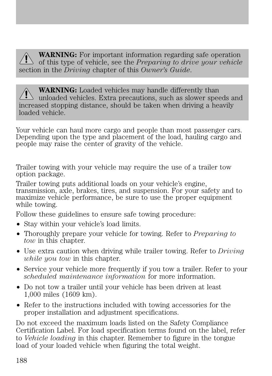 Trailer towing, Tires, wheels and loading | FORD 2009 Escape v.1 User Manual | Page 188 / 318