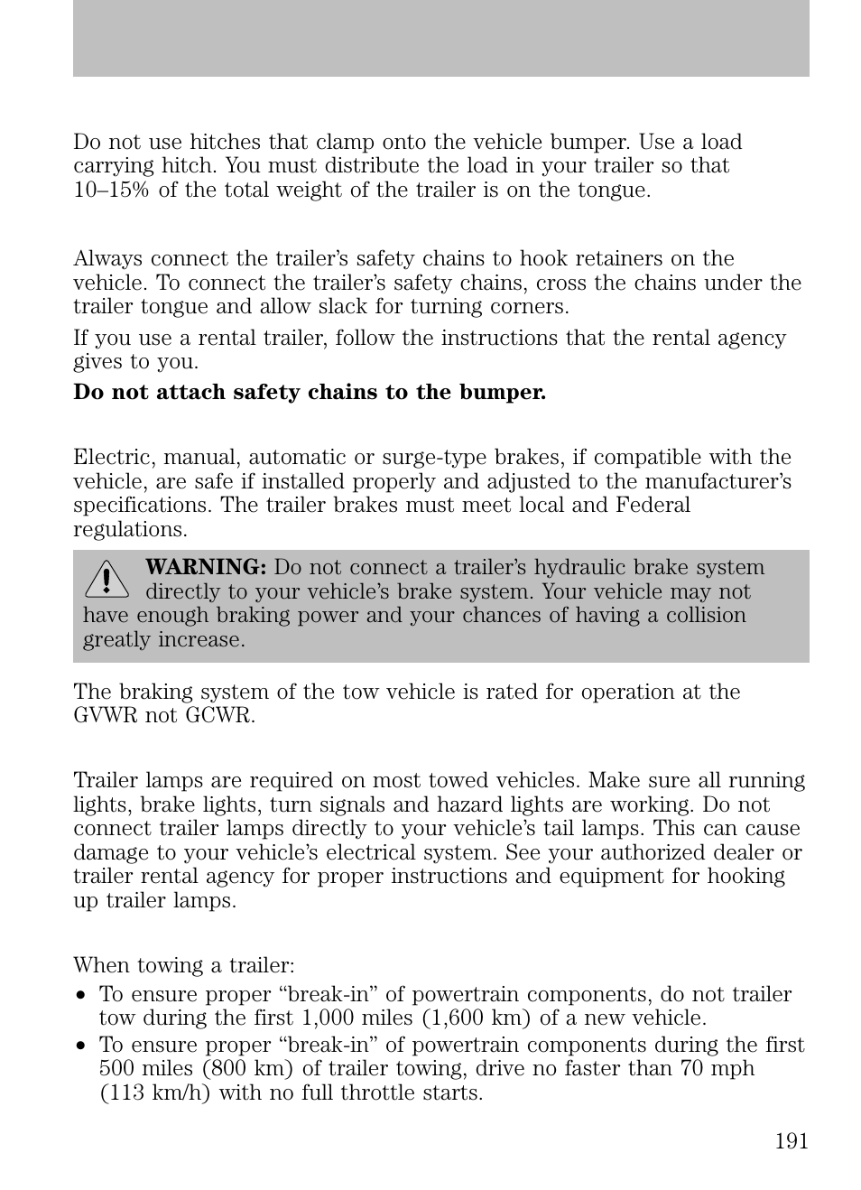 Hitches, Safety chains, Trailer brakes | Trailer lamps, Driving while you tow, Tires, wheels and loading | FORD 2009 Escape v.1 User Manual | Page 191 / 318