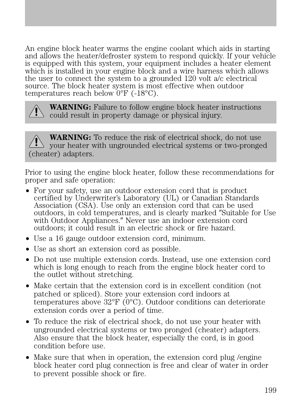 Engine block heater (if equipped), Driving | FORD 2009 Escape v.1 User Manual | Page 199 / 318