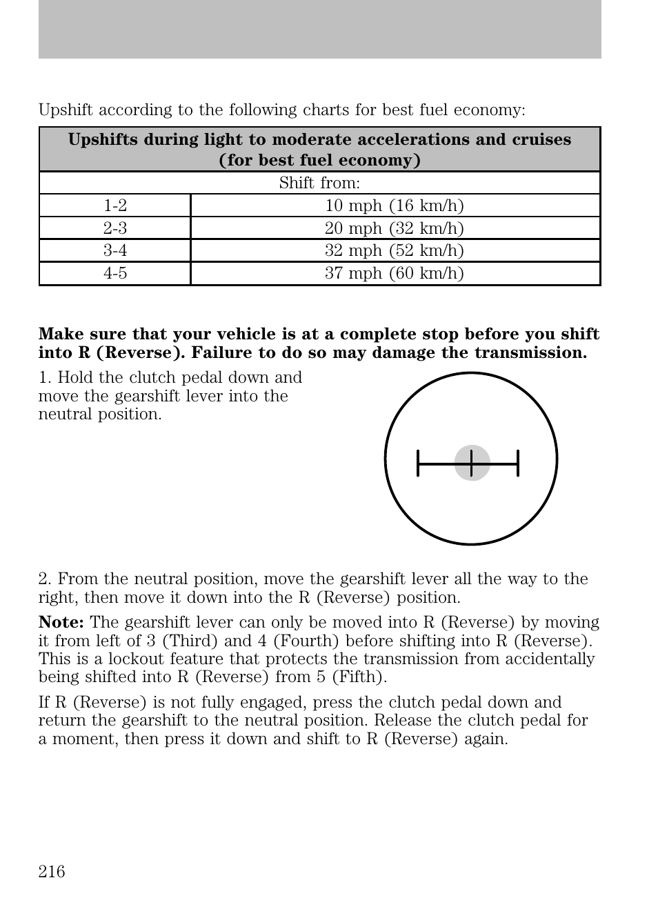 Recommended shift speeds, Reverse, Driving | FORD 2009 Escape v.1 User Manual | Page 216 / 318