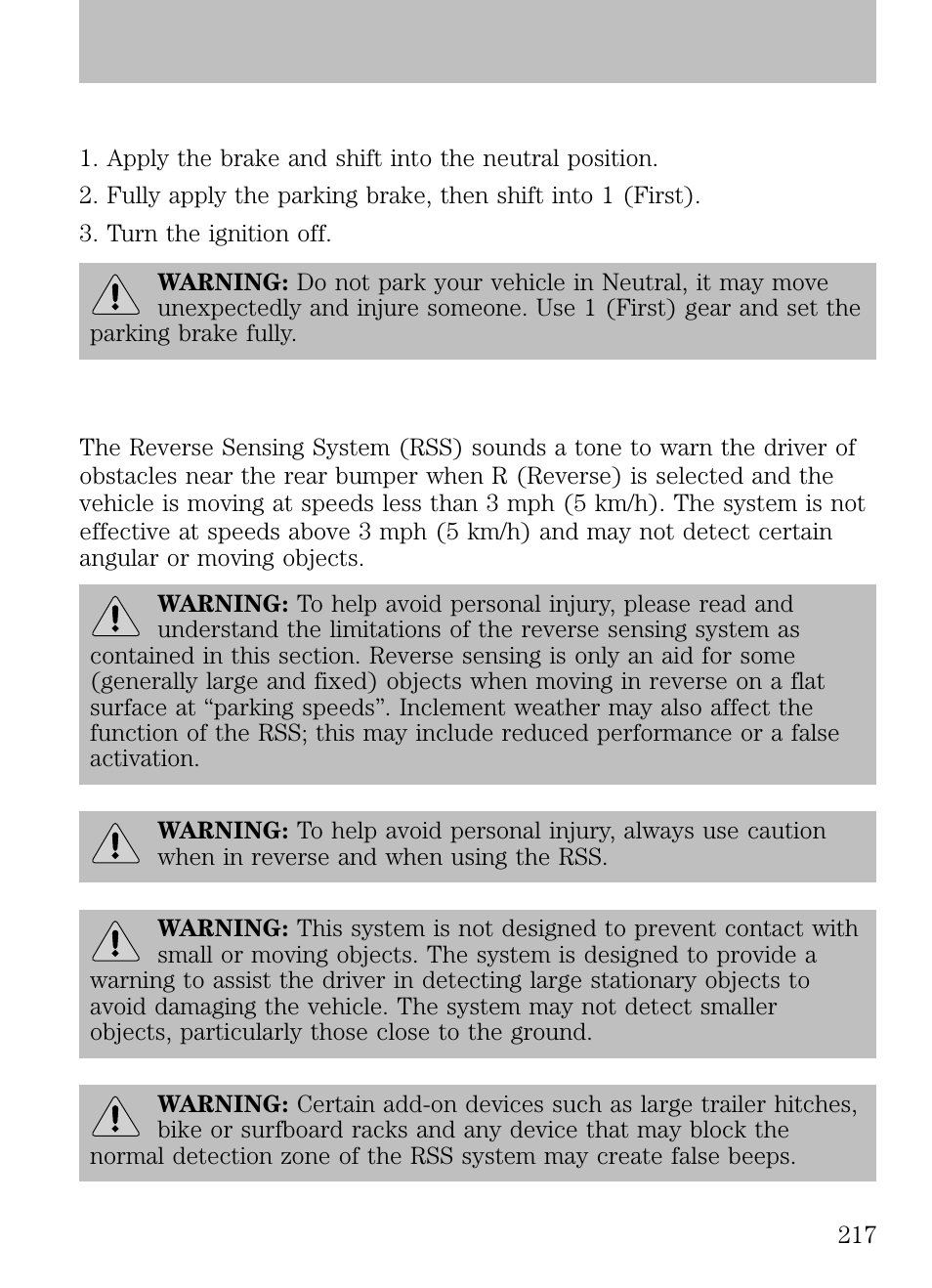 Parking your vehicle, Reverse sensing system (if equipped), Driving | FORD 2009 Escape v.1 User Manual | Page 217 / 318