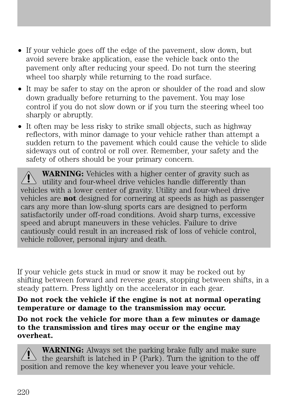 If your vehicle goes off the edge of the pavement, If your vehicle gets stuck, Driving | FORD 2009 Escape v.1 User Manual | Page 220 / 318
