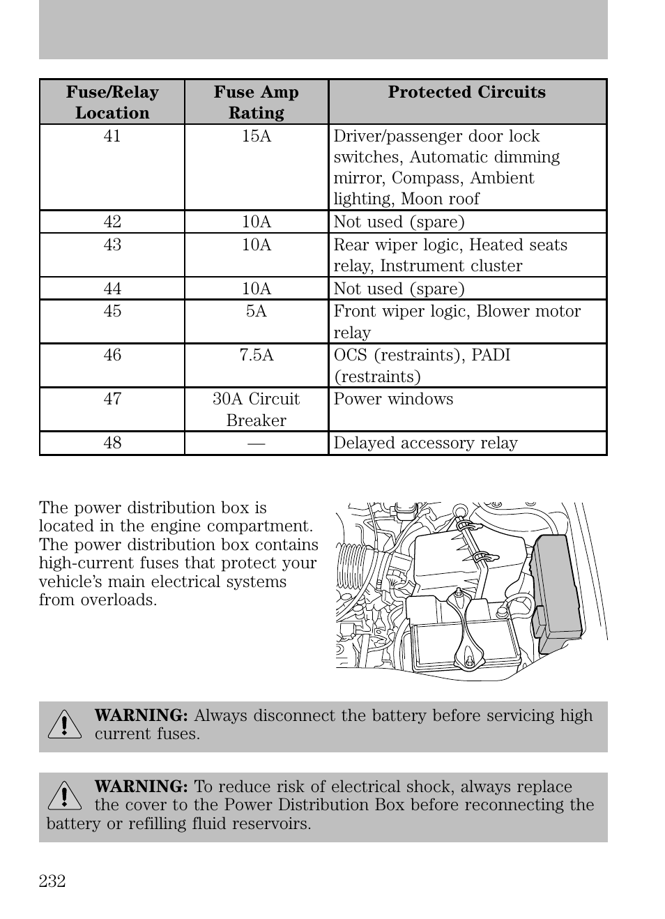 Power distribution box, Roadside emergencies | FORD 2009 Escape v.1 User Manual | Page 232 / 318