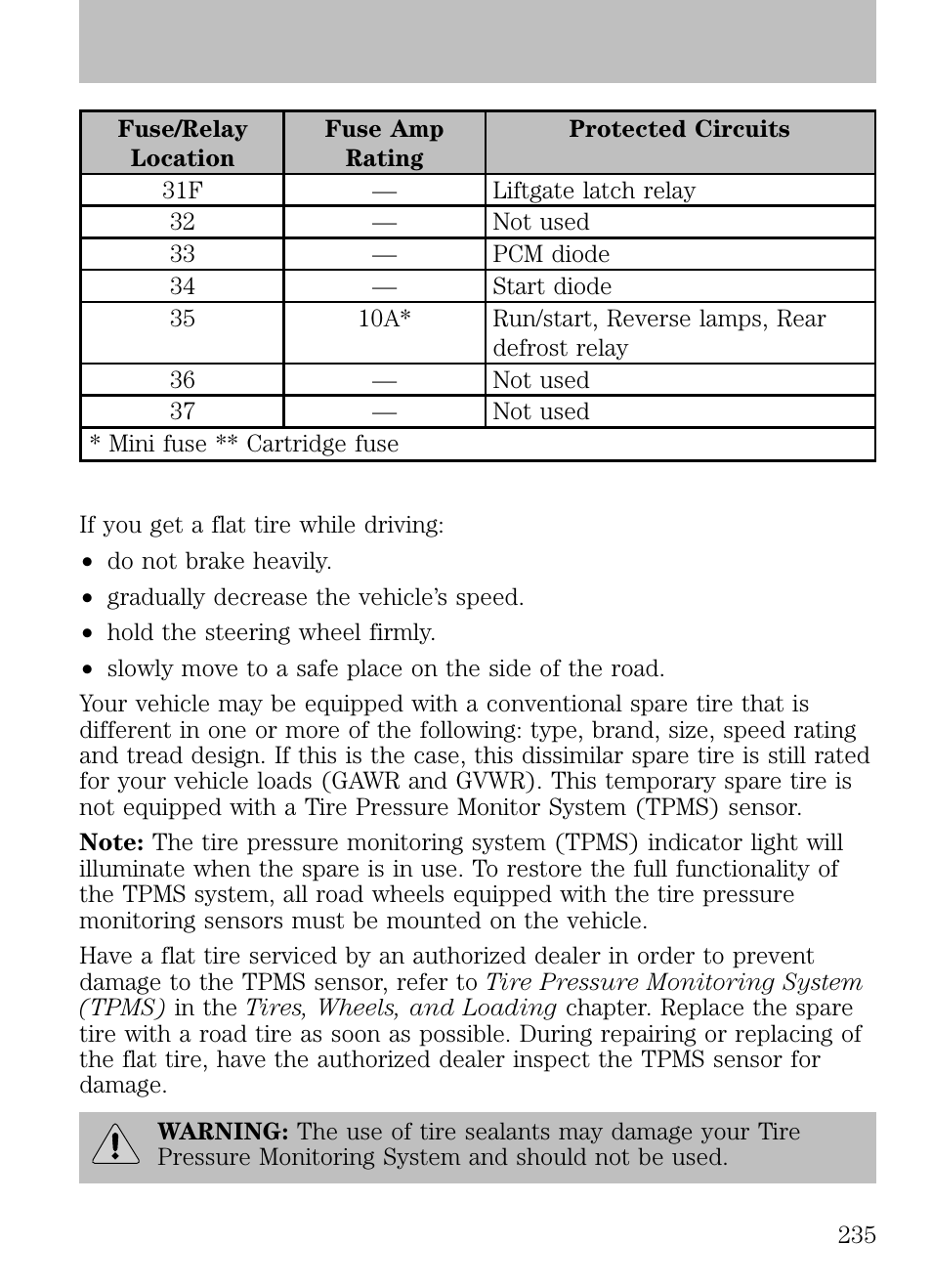 Changing a flat tire, Roadside emergencies | FORD 2009 Escape v.1 User Manual | Page 235 / 318