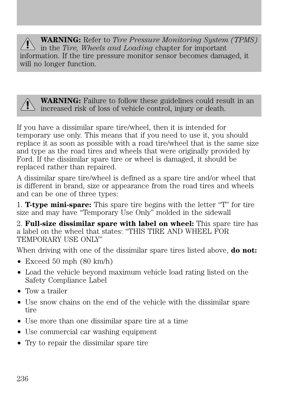 Dissimilar spare tire/wheel information, Roadside emergencies | FORD 2009 Escape v.1 User Manual | Page 236 / 318