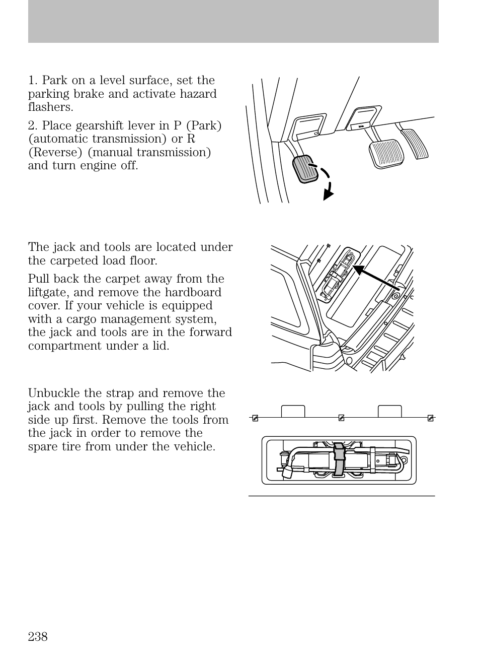 Stopping and securing the vehicle, Removing the jack and tools, Roadside emergencies | FORD 2009 Escape v.1 User Manual | Page 238 / 318